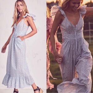 LoveShackFancy Light Blue Floral Ruffled Jumpsuit